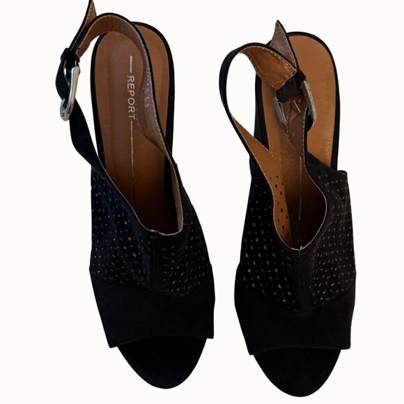 Report Black Chunky Block Heels Larz Sandals 8.5 Perforated Design Faux Suede - Picture 4 of 10